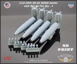 Four 1/32 scale Flying Leathernecks Mk-83 1000lb bombs with BSU-85 fins, M904 fuses, Mk-43 TDD devices, MXU-735 and ogive nose plugs
