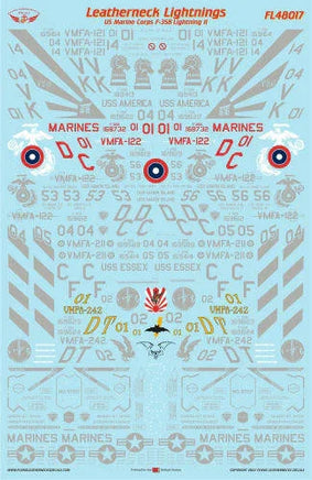 Flying Leathernecks 48017 F-35B Leatherneck Lightnings II decal sheet with markings for 10 USMC F-35B aircraft including VMFA-211 combat aircraft for 1/48 scale Italeri kit
