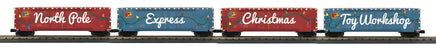 O MTH North Pole 4-Car 50’ Double Door Plugged Boxcar Set with Led Lights Set 30-70152