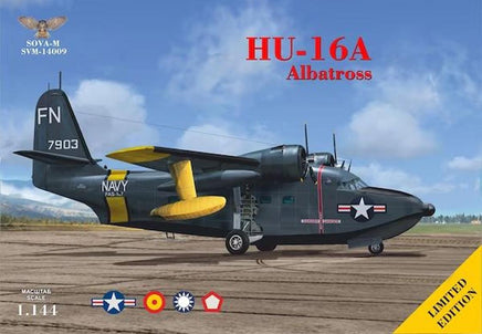 Model of a HU-16A Albatross aircraft on a runway with a blue sky background.