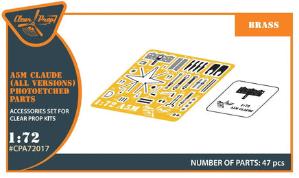 Clear Prop A72017 precision photo-etched metal detail parts set for 1/72 scale Mitsubishi A5M Claude aircraft model, showing fret with cockpit instruments, seat belts, control surfaces and structural details
