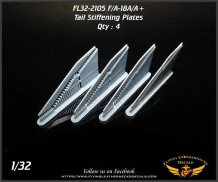 1/32 scale Flying Leathernecks 3D-printed detail set package containing four F/A-18A and F/A-18A+ Hornet tail stiffening plates with rivet details
