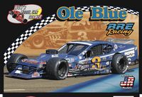 Racing car with 'Ole Blue' and 'ARE Racing' branding on a checkered background