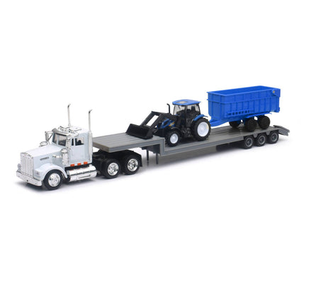 1/43 New-Ray Kenworth Lowboy w/ New Holland Tractor & Trailer 16153