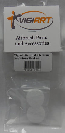 Vigiart airbrush cleaning pot filter package showing two 25mm replacement filters, product code 557, universal fit
