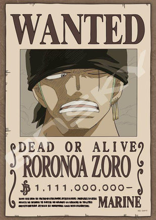 Wanted poster for Roronoa Zoro with a stylized illustration of a character wearing a black hat.