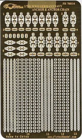 Model anchor and chain set on a FlyByWing label for 1/700 scale WWII German navy models.