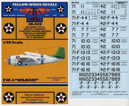 Yellow-Wings Decals F4F-3 'Wildcat' model kit with airplane illustration and scale details.