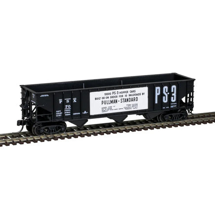 N Scale Atlas Master PS-2750 covered hopper car in Pullman-Standard brown livery with white lettering, featuring die-cast construction, detailed side panels, and road number 70
