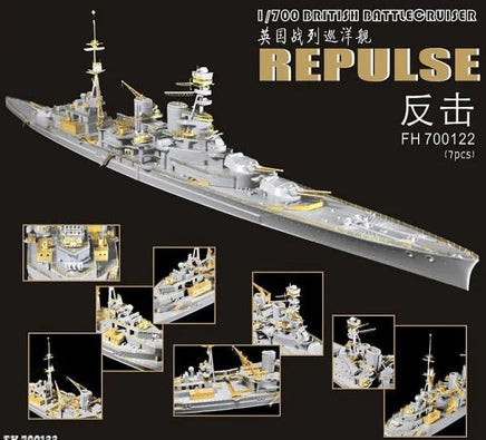 Model of a British battlecruiser with detailed views on a black background