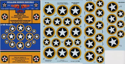 Yellow Wings decal sheet with U.S. Army insignia stars on a blue and orange background.