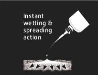 Product with a syringe applying liquid to a surface, labeled 'Instant wetting & spreading action'.
