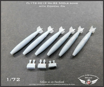 Flying Leathernecks 1/72 scale Mk-82 BLU-111/B bomb set with BSU-33/B tail fins, product packaging showing six detailed resin bombs with fuzes and nose plugs, item 172-2019
