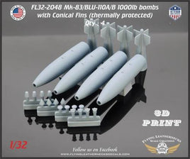 Four 1/32 scale Mk-83 1000lb training practice bombs with conical fins, M904 fuzes, Mk-43 TDD sensors, and nose plugs by Flying Leathernecks
