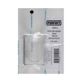 Perfect Parts 50ml borosilicate glass laboratory beaker model 501A with graduated measurement markings and pour spout for small-scale educational science experiments
