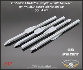 Four gray resin LAU-127F/A wingtip missile launchers for 1/32 late-model F/A-18E/F Super Hornet with integrated formation light panels, designed for Trumpeter and Revell kits on white background
