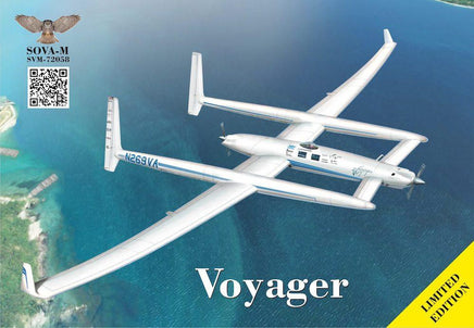 Solar-powered airplane flying over water with 'Voyager' branding.