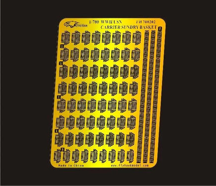 Flyhawk Models 1/700 scale photo-etched brass WWII USN aircraft carrier sundry basket detail set, product code 700202, showing precision-cut basket components on fret
