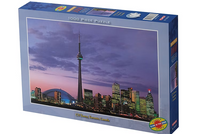 Jigsaw puzzle box featuring a city skyline with the CN Tower at dusk.
