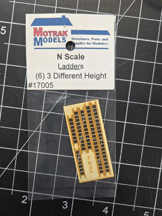 Model ladder set for N scale on a grid background with Motrak Models packaging.