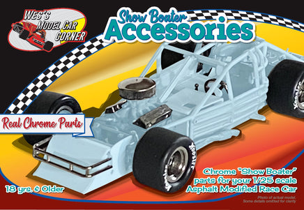 Model car kit packaging with 'Show Boat' accessories for a 1/25 scale race car.