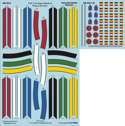 Decal sheet with various colored stripes and symbols on a blue background