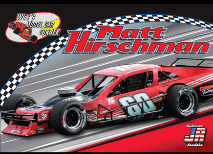 Model race car with 'Matt Hirschman' branding on a track background