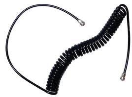 Coiled black cable with connectors on a white background