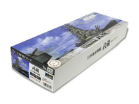 Model ship kit packaging with a detailed illustration of a ship on a blue background