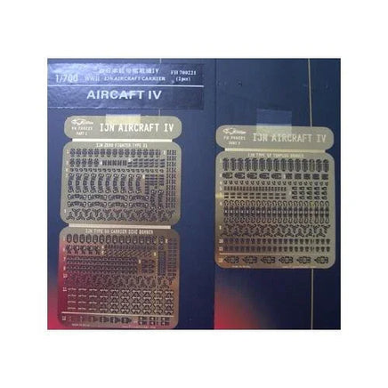 1/700 scale Flyhawk Models photo-etched brass detail set showing WWII Imperial Japanese Navy aircraft including Zero Fighter Type 21, Type 99 Carrier Dive Bomber, and Type 97 Torpedo Bomber on metal fret
