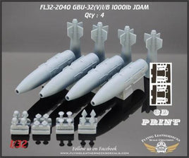 Four gray resin GBU-32 JDAM 1000lb bombs for 1/32 scale aircraft with KMU-559 guidance kits, separate tail assemblies, multiple nose plug options, and vinyl masks on white background
