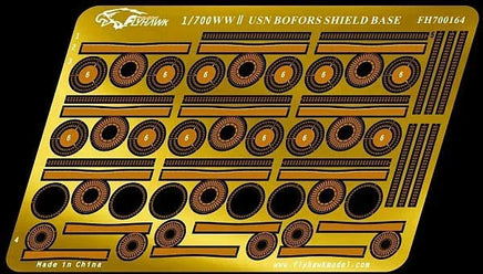 Flyhawk Models 700164 precision photo-etched brass Bofors shield base detail set for 1/700 scale WWII naval warship models showing ultra-fine fret with pre-cut parts
