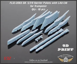 Resin weapons pylon set for 1/32 Harrier GR.5/7/9 with eight wing pylons, centerline pylon, seven BRU-36 ejector racks, and two LAU-138 BOL countermeasure launchers on white background
