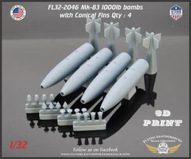 Four 1/32 scale Flying Leathernecks Mk-83 1000lb bombs with conical fins, M904 fuses, Mk-43 TDD devices, MXU-735 and ogive nose plugs
