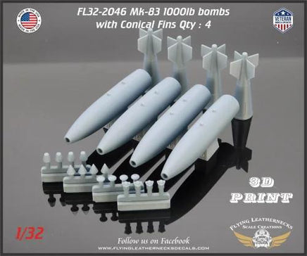 Four 1/32 scale Flying Leathernecks Mk-83 1000lb bombs with conical fins, M904 fuses, Mk-43 TDD devices, MXU-735 and ogive nose plugs
