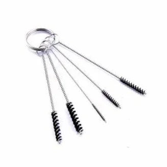 Vigiart HS-C5 five-piece heavy duty airbrush cleaning brush set with graduated wire bristle brushes in different diameters mounted on metal storage ring, showing stainless steel twisted wire brushes for cleaning nozzles, paint cups, and internal passages

