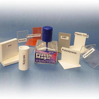 Collection of plastic samples and 'Plastic Magic' product on a blue background