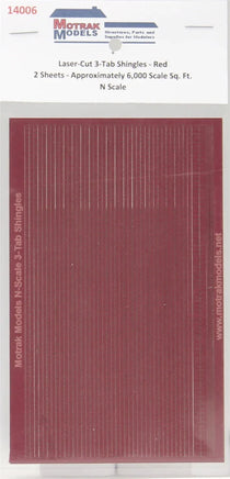 Motrak Models N-Scale 3-Tab Shingles packaging with red shingles on a white background