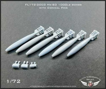 Six detailed 1/72 scale Mk-83 1000lb bombs with conical fins, M904 fuzes, Mk-43 TDD units, and MXU-735 nose plugs on white background - Flying Leathernecks 172-2003 resin aftermarket set
