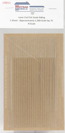 Laser-cut fish scale siding packaging with Motrax Models branding on a white background.