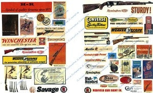 Collection of vintage gun-related product labels and advertisements.