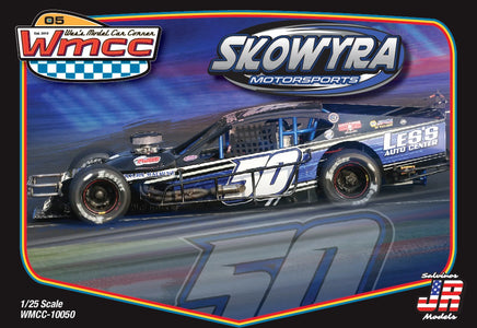 Model car kit packaging for Skowyra Motorsports with a race car illustration.