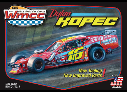 Model car kit packaging with a red race car, branding, and text on a dark background