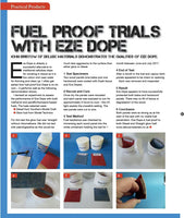 Article about fuel proof trials with Eze Dope, featuring text and images of materials and processes.