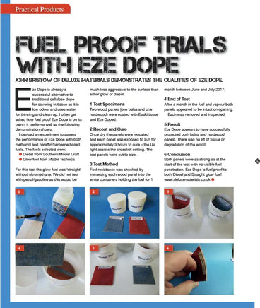 Article about fuel proof trials with Eze Dope, featuring text and images of materials and processes.