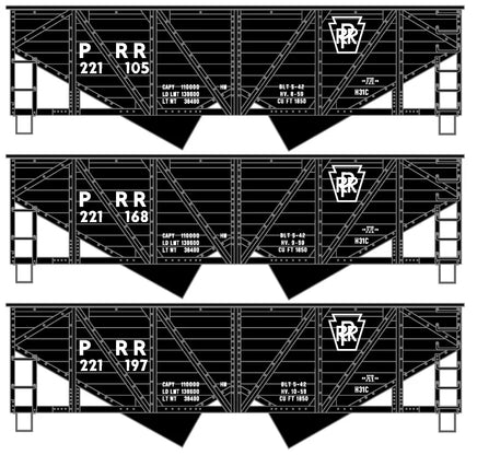 Three railroad cars with 'P R R' branding on a white background