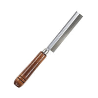 Wooden-handled chisel with metal blade on a white background