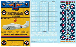 Yellow-Wings Decals for U.S.M.C. VMF-121 F4U-3 Wildcat aircraft on a blue background with airplane and star graphics.