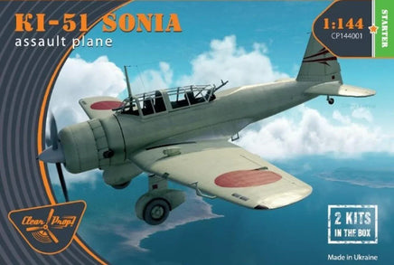 Clear Prop 1/144 scale Mitsubishi Ki-51 Sonia model kit box art showing two Japanese light bombers with green camouflage, fixed landing gear, and radial engines in Pacific Theater markings
