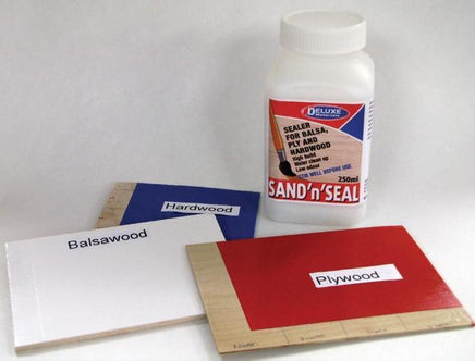 Sand'n'Seal container with balsawood and plywood samples on a white background